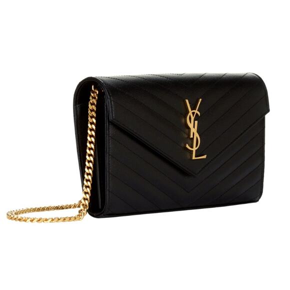 NEW SAINT LAURENT LARGE BLACK GOLD GRAIN LEATHER CHAIN WALLET AUTHENTIC BOX! - Picture 1 of 16
